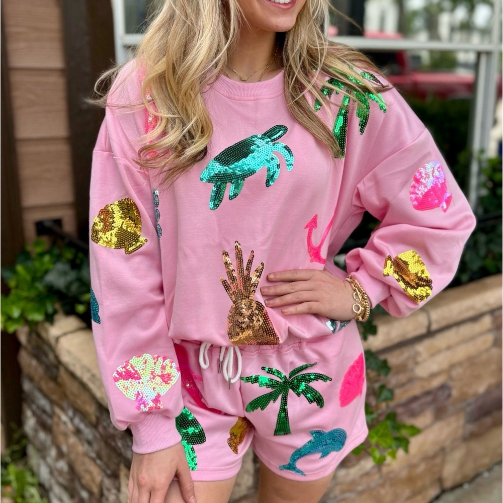 Simply Southern Pink Sequin Beach Lounge Shorts Set